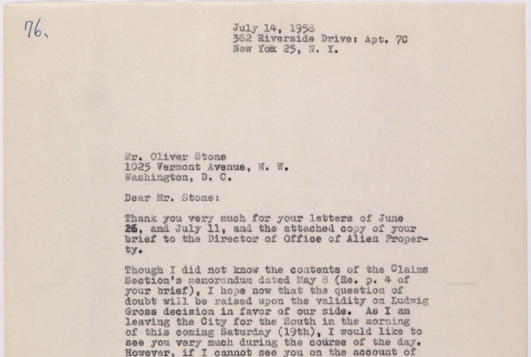 Letter from Lawrence Miwa to Oliver Ellis Stone concerning claim for James Seigo Maw's confiscated property (ddr-densho-437-259)