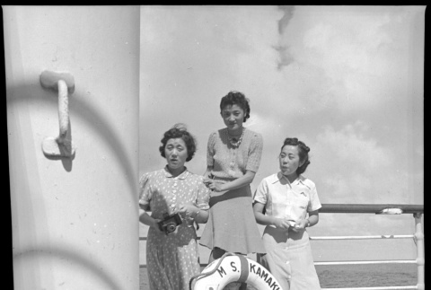 Three women on deck of ship (ddr-densho-426-256)