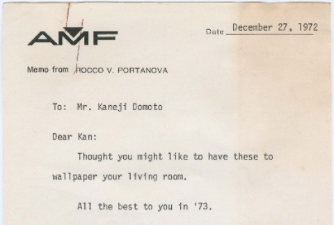 AMF World Headquarters brochure and letter to Kaneji Domoto from Rocky Portanova (ddr-densho-377-198)
