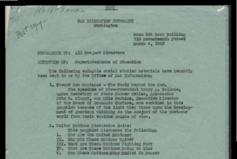 Memo from Robert E. Gibson, Education Advisor, War Relocation Authority, to all project directors, March 4, 1943 (ddr-csujad-55-1742)