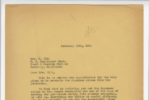 Letter from Kaz Oka, President, Japanese American Citizens League Monterey Peninsula Chapter to Mrs. E. Hill, U.S. Employment Department, February 26, 1942 (ddr-csujad-44-4)