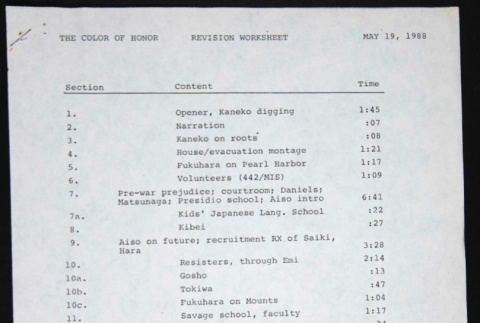 Color of Honor revision worksheet & notes (ddr-densho-1007-1054)