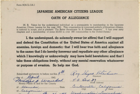 JACL Oath of Allegiance for Roy Shizuo Kitashima (ddr-ajah-7-78)