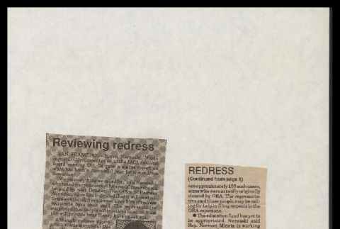 [Newspaper clipping titled:] Reviewing redress (ddr-csujad-55-2068)