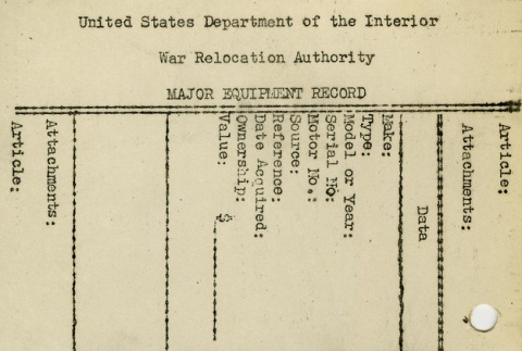 War Relocation Authority form: Major Equipment Record (ddr-densho-155-32)