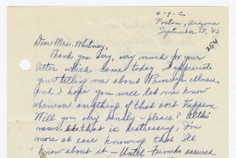 [ Letter to Mrs. Whitney from Fumiko Fukuda | September 28, 1942 ] (ddr-janm-22-63)