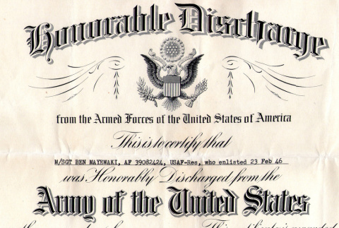 Honorable Discharge certificate for Ben Mayewaki (ddr-densho-563-56)