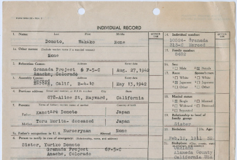 War Relocation Authority Individual Record for Wakako Domoto (ddr-densho-443-220)