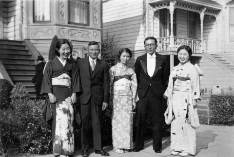 Five people outside house in Alameda after Kimiko Nakayama and Goro Sato's wedding (ddr-ajah-6-183)
