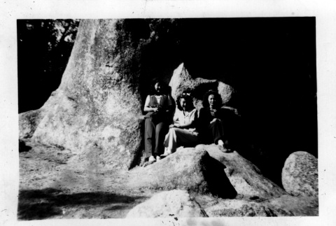 Sally, Dorothy, and Amy Nagata on a boulder (ddr-densho-336-20)