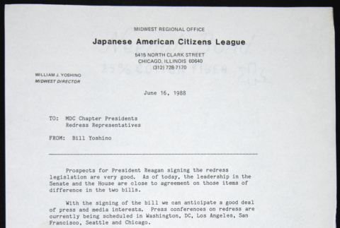 Memo to MDC Chapter Presidents and Redress Representatives from Bill Yoshino (ddr-chijacl-1-238)