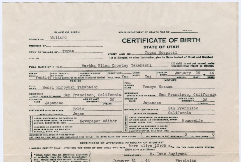 Birth Certificate for Martha Ellen Crowley Takahashi (ddr-densho-410-22)