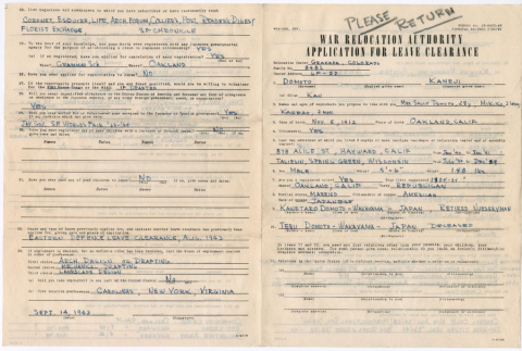 Application for leave clearance for Kaneji Domoto (ddr-densho-329-993)