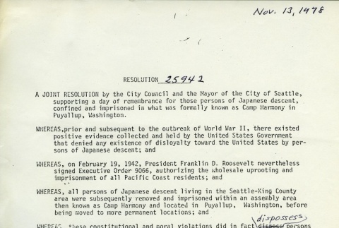 Joint Resolution regarding Seattle's Day of Remembrance (ddr-densho-274-137)