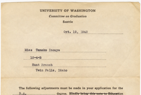 Memo to Tamako Inouye about completing her graduation requirements for a B.A. at the University of Washington (ddr-densho-383-539)