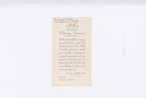 (Ephemera) - Image of Father Clement ordination anniversary card (Back) (ddr-densho-330-272-master-88a9ab35e7)