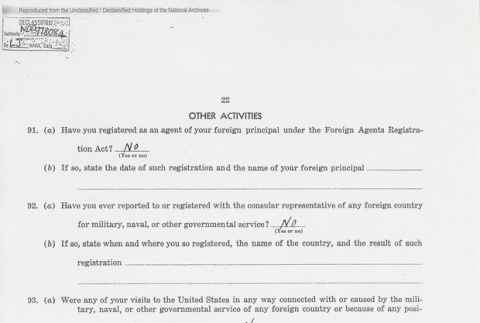 U.S. Department of Justice Alien Enemy Questionnaire page 22 of 26. (ddr-one-5-144)