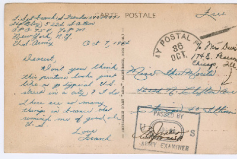 Postcard from Sgt. Frank Honda to Iku Morita (ddr-densho-497-3)