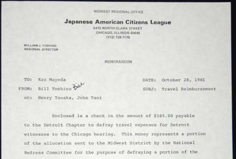 Memo to Kaz Mayeda from Bill Yoshino (ddr-chijacl-1-529)