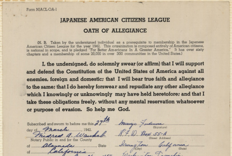 JACL Oath of Allegiance for Misue Fudenna (ddr-ajah-7-51)
