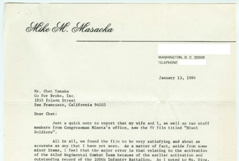 Letter from Mike Masaoka to Chet Tanaka on the subject of Nisei Soldier (ddr-densho-1007-1465)