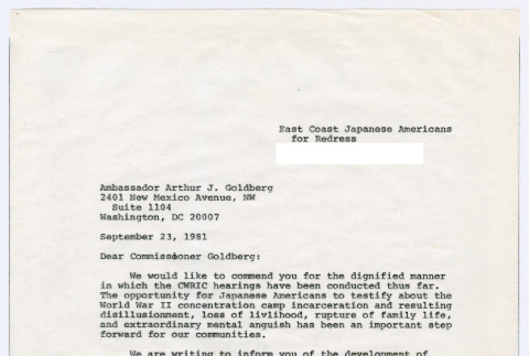 Carbon copy of page 1 of letter to Ambassador Arthur Goldberg from Sasha Hohri and Michi Kobi (ddr-densho-352-492)