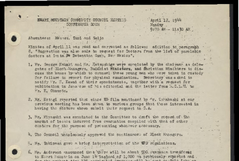 Minutes from the Heart Mountain Community Council meeting, April 17, 1944 (ddr-csujad-55-552)