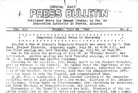 Poston Official Daily Press Bulletin Vol. III No. 2 (July 24, 1942) (ddr-densho-145-63)