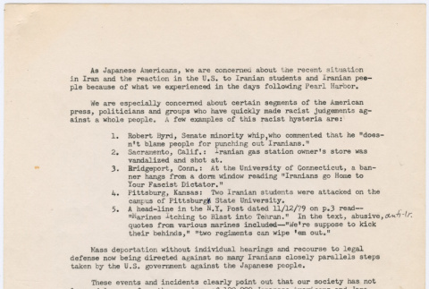 Statement from Concerned Japanese Americans regarding Iranian situation (ddr-densho-352-275)