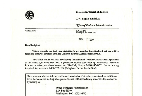 Letter from Robert K. Bratt, Administrator for Redress, Office of Redress Administration, Civil Rights Division, U.S. Department of Justice to recipient, November 6, 1990 (ddr-csujad-42-152)