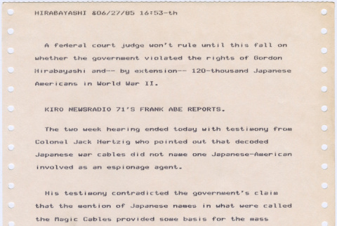 News copy from Hirabayashi case before Judge Voorhees (ddr-densho-122-328)