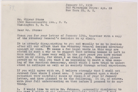 Letter from Lawrence Miwa to Oliver Ellis Stone concerning claim for James Seigo Maw's confiscated property (ddr-densho-437-272)