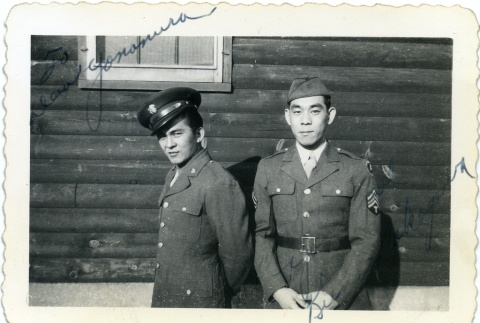 Two soldiers in front of a building (ddr-densho-22-172)