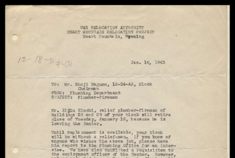 Memo from Rex J. Stanton, Supt., Heart Mountain Relocation Projec,t to Mr. Shoji Nagumo, January 16, 1943 (ddr-csujad-55-624)