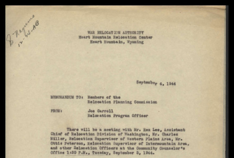 Memo from Joe Carroll, Relocation Program Officer, Heart Mountain, to members of the Relocation Planning Commission, September 4, 1944 (ddr-csujad-55-974)
