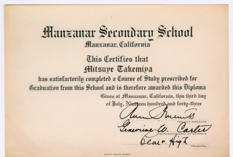 Manzanar Secondary School Diploma (ddr-densho-550-89)