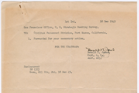 Cover letter from Donald T. Jones to Civilian Personnel Division, Fort Mason, California (ddr-densho-446-199)