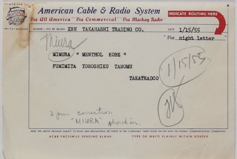 Night letter from American Cable and Radio System from Takahashi Trading company (ddr-densho-424-681)