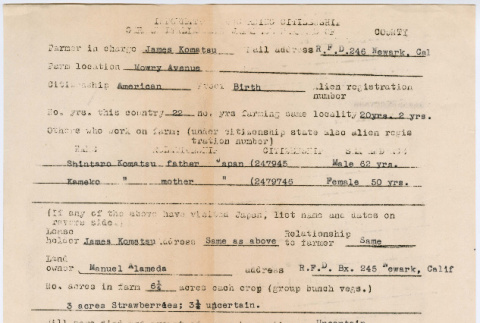 Information concerning citizenship German, Italian and Japanese Farmers of Alameda County and associated documents for James Komatsu family (ddr-densho-491-85)