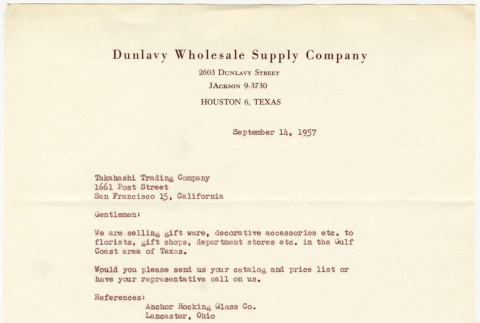 Letter from Joseph Blanton, Dunlevy Wholesale Supply Co., to Takahashi (ddr-densho-424-96)