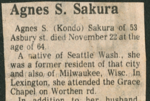 Agnes Sakura obituary clipping from Lexington (ddr-densho-523-672)