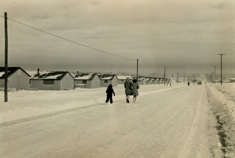 Japanese Americans walking on a snow-covered street (ddr-densho-159-4)