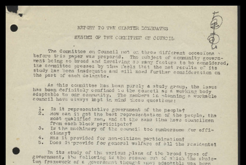Report to the Charter Delegates: resume of the Committee on Council (ddr-csujad-55-782)