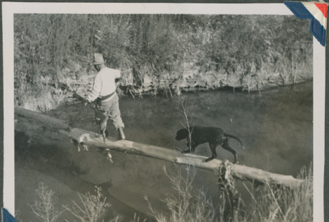 A hunter and dog walking over a log bridge (ddr-densho-201-933)