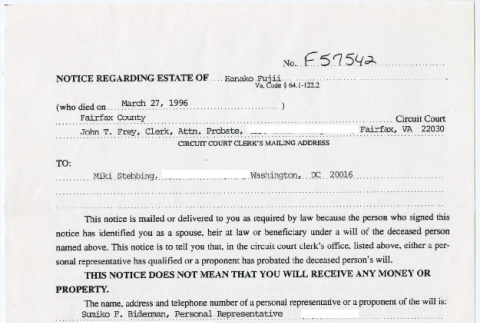 Notice of Hanako Fujii's estate (ddr-densho-578-46)