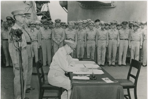Japanese forces signing the surrender treaty (ddr-densho-299-97)