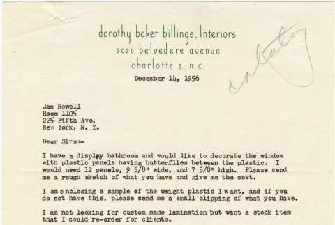 Letter from Dorothy Baker Billings, Dorothy Baker Billings Interiors, to Takahashis (ddr-densho-424-109)