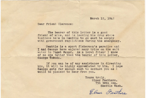 Letter to Clarence Thomas from Elmer Feathers (ddr-densho-383-517)