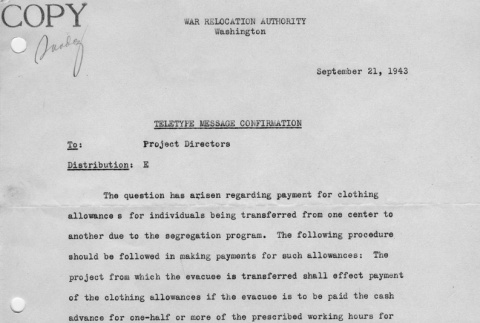 Teletype regarding clothing allowance payments for transferees (ddr-densho-274-105)