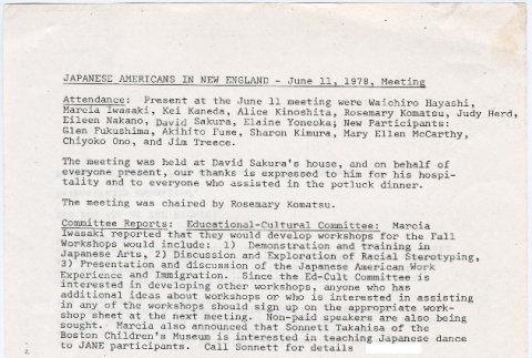 Minutes from 6/11/78 J.A.N.E. (Japanese Americans in New England) meeting (ddr-densho-523-724)